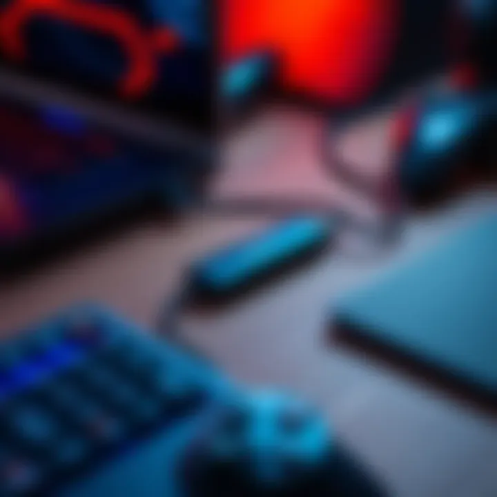 A long USB-C cable hub connected to a gaming laptop with peripherals like a keyboard and controller nearby