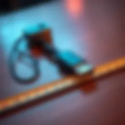 A USB-C charge cable lying on a wooden table with a measuring tape beside it