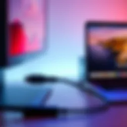 A USB-C splitter connects a portable monitor and a power source, with a laptop in the background.