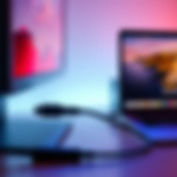 A USB-C splitter connects a portable monitor and a power source, with a laptop in the background.