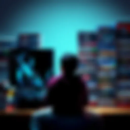 Used PS4 and PC games comparison A gamer looking at a used PS4 console on one side and a collection of PC game boxes on the other side, contemplating their choice.