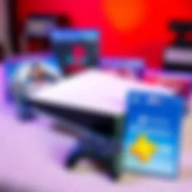 A used PlayStation 5 console with a collection of game cases and a PS Plus subscription card, highlighting gaming opportunities.