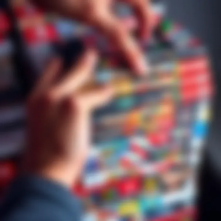 A close-up of used Nintendo Switch 1 games stacked, showcasing their covers. Some cases are slightly worn, indicating prior use. Gamer hands are reaching for a game, reflecting interest in purchasing.