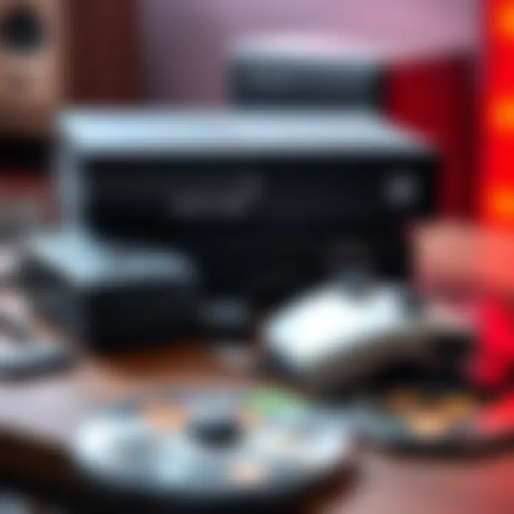 A used Xbox One console with visible signs of wear placed on a table, alongside game discs and accessories.