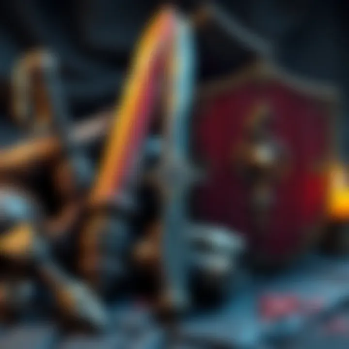 A collection of gaming items that are considered useless, like a rusty sword and a broken shield, displayed in a fantasy setting.