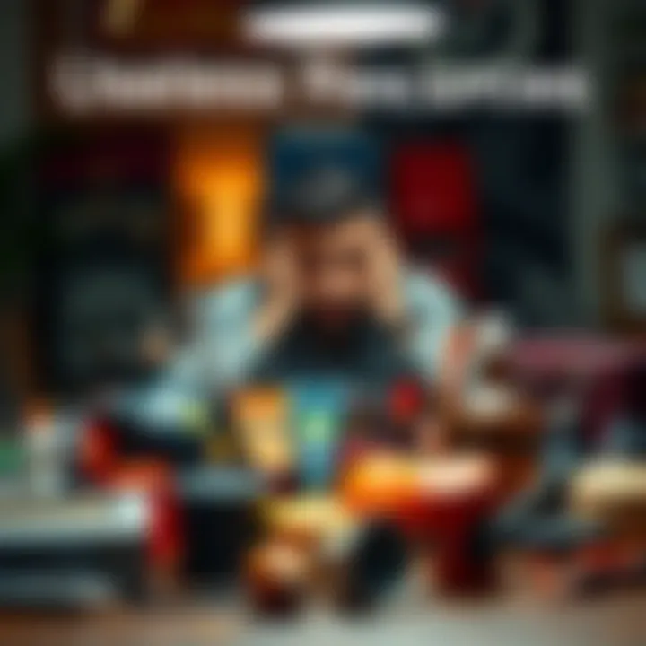 Useless Resources A person looking frustrated at a table filled with useless items, symbolizing ineffective resources.