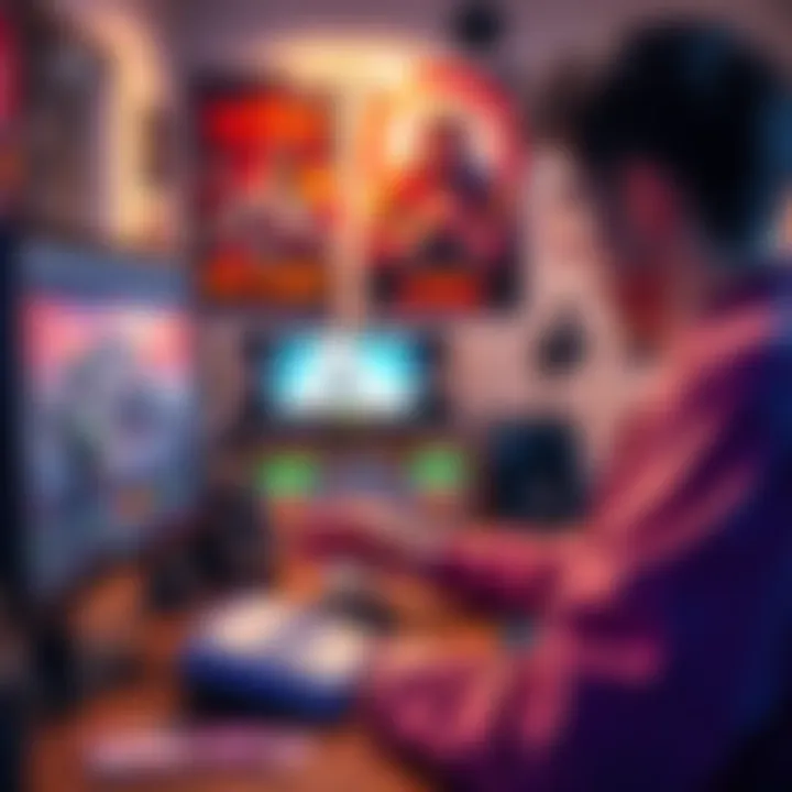 A person looking at a computer screen while purchasing games on Eneba, with currency and gift cards displayed. The scene shows a home office setup with gaming posters in the background.