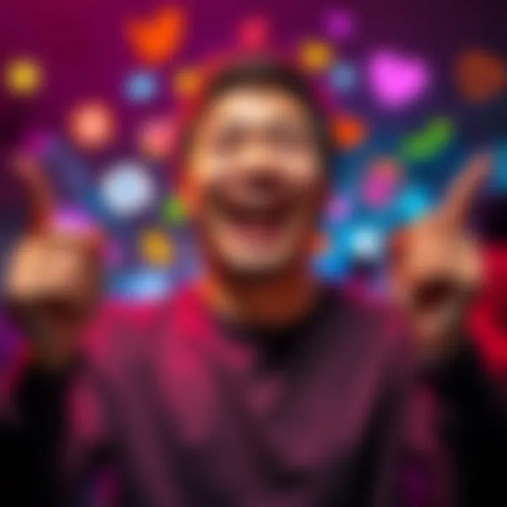 A user with a big smile shows off the new flair feature on P100, surrounded by colorful icons representing customization options.