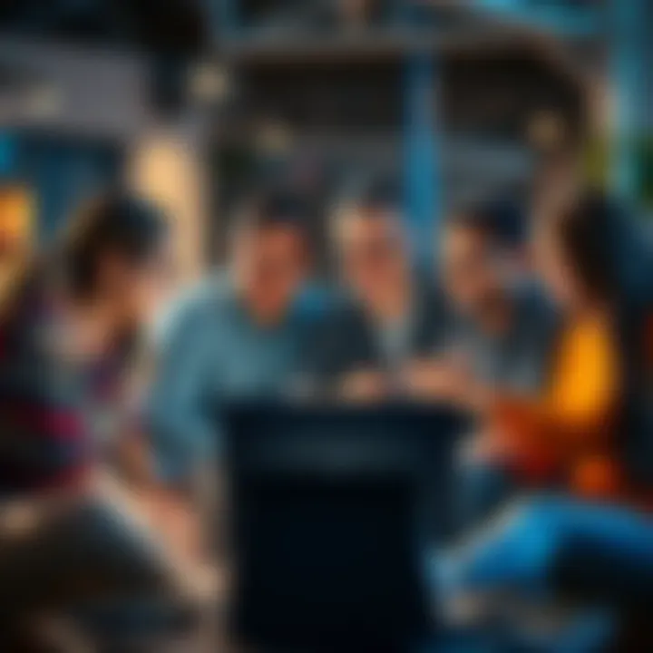 A diverse group of people gathered around a laptop, sharing their experiences about software glitches in a casual setting.