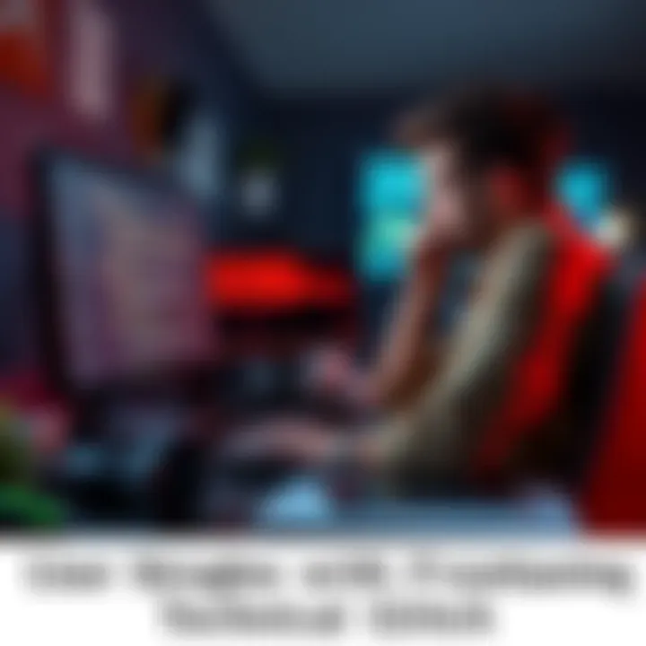 A person sitting at a desk looking confused and frustrated while staring at a computer screen with error messages, surrounded by tech gadgets.