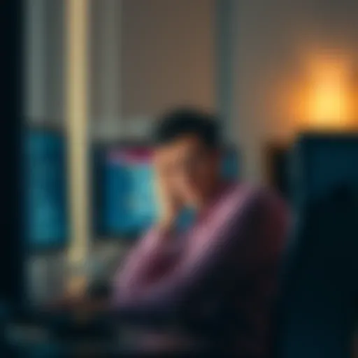 User Frustration with Microsoft A frustrated person sitting at a computer with Microsoft software open, showing error messages on the screen.