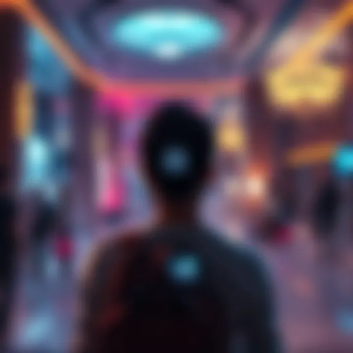 User seeking help in hotel A confused person looking at a hotel lobby filled with chaos and an unknown character's icon on their device.