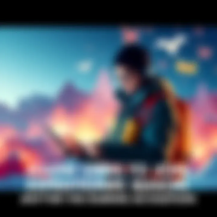 User joining an expedition A person eagerly signing up for an expedition on their device while surrounded by adventure-themed graphics