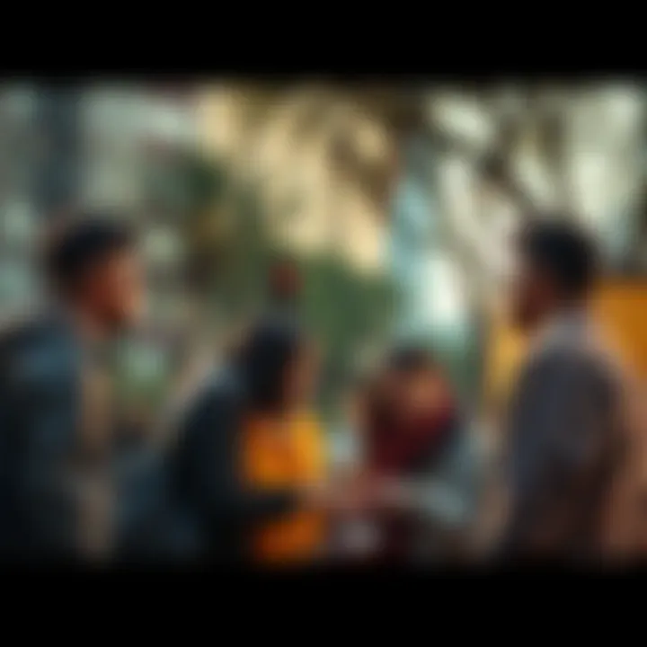 A group of frustrated residents talking about their concerns in a city park, expressing their negative feelings about Utopia City's structure and ideals.