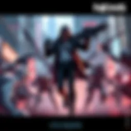 V stands confidently in a futuristic city, surrounded by defeated foes, showing strength and agility against top assassins and technology.