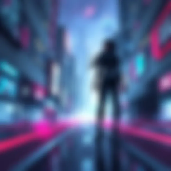 V stands at a crossroads, contemplating betraying Reed and Songbird for personal gain in a futuristic city setting