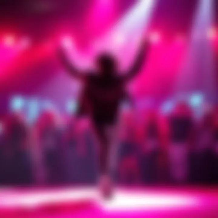 A performer dancing energetically on stage with fans watching in the background
