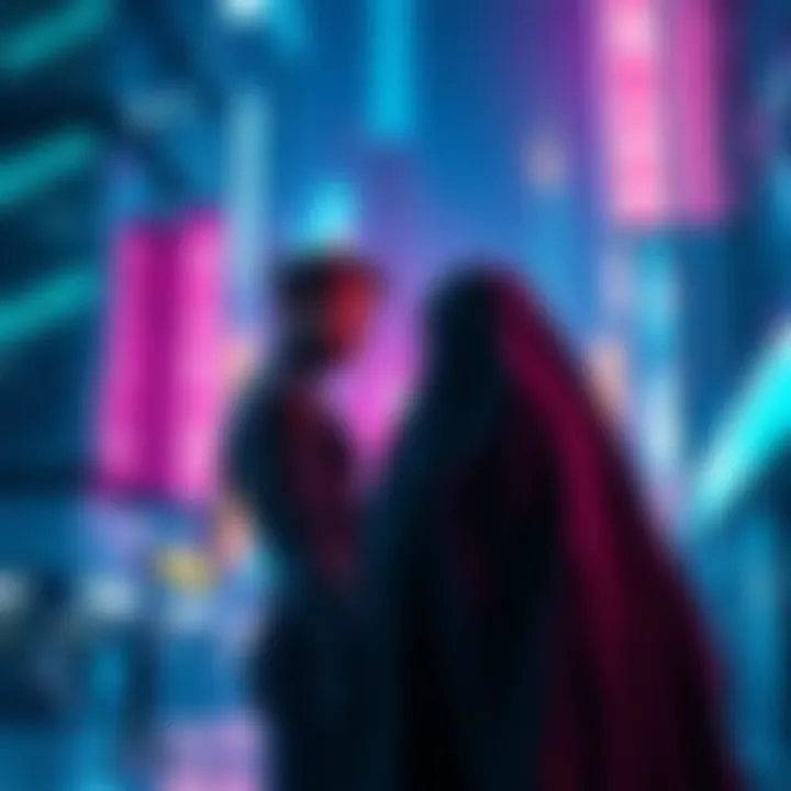 A digital scene showing V meeting an engram, with a neon-lit city backdrop emphasizing the moral dilemma of existence and identity in Cyberpunk.