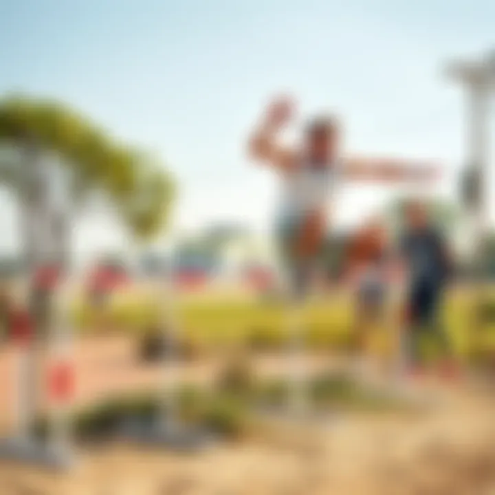 V humorously struggling to clear a hurdle while friends laugh in the background