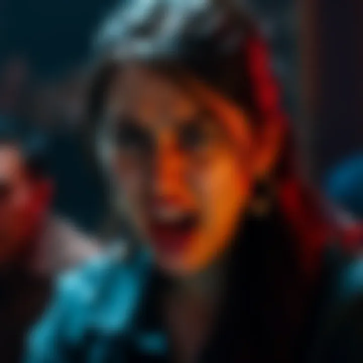 V expressing intense anger during a scene, her face showing strong emotion, surrounded by dramatic lighting.