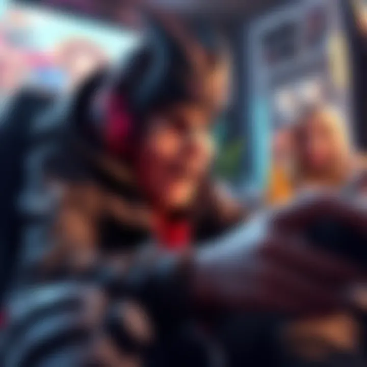 V tripping during gameplay A character named V falling unexpectedly while playing a game, with a surprised player and Madam Prez nearby, showing amusement.