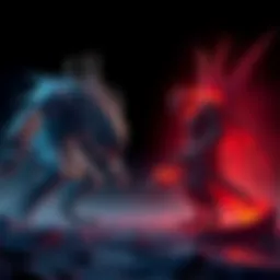 A scene showing Vaal Hazak and Jin Dahaad facing off in a dark fantasy landscape, representing the worlds of Dark Souls and Elden Ring.