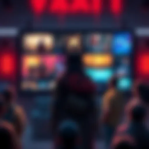 Vaati stands in front of a large screen displaying recent development updates, engaging with a group of people excitedly discussing the news.