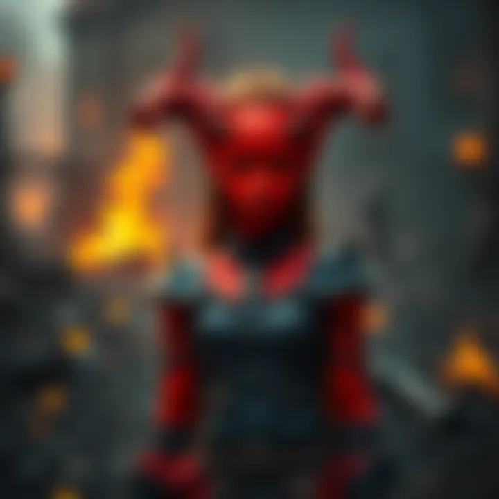 A Tiefling girl with fiery red skin and horns stands in a charred town, flames reflecting in her eyes, showing her power and despair.