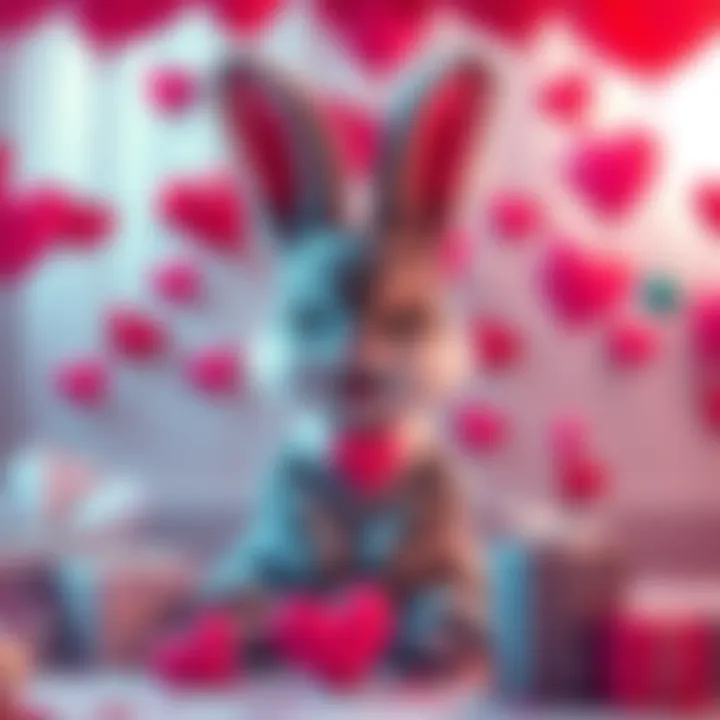 A festive scene featuring Valbunny surrounded by heart-shaped decorations, balloons, and gifts for Valentine's Day.