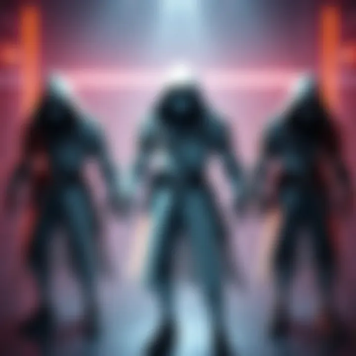 A showcase of Valby's assassin suit featuring Bright Gray, Clear White, and Matte Navy colors.