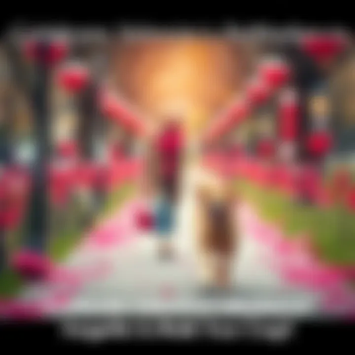 A person happily walking their dog through a park with Valentine's decorations around