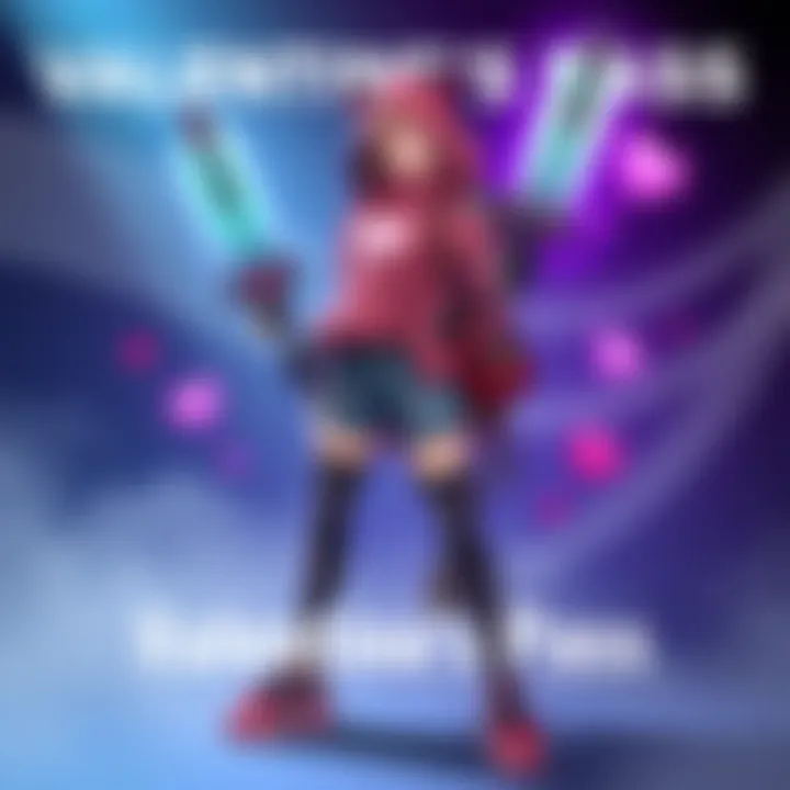 Valentine's Pass promotional image An illustration showcasing the Valentine's Pass featuring three legendary weapons and a stylish outfit with a heart theme, highlighting discounted cosmetics available for purchase.