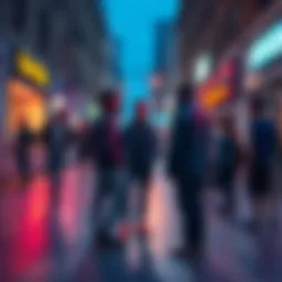 A scene showing V interacting with members of the Valentino gang, highlighting their complex relationship in a vibrant urban setting.