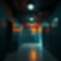 A dark and creepy basement with flickering lights and ominous shadows, hinting at a horror game setting