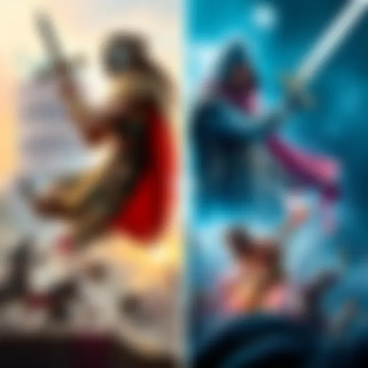 A collage showing key elements from Assassin's Creed Valhalla and Odyssey, highlighting their unique gameplay features and story themes.