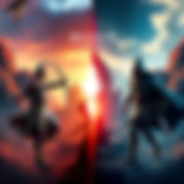 A split-screen showcasing characters and environments from Assassin's Creed Valhalla and Odyssey, highlighting combat and exploration elements.