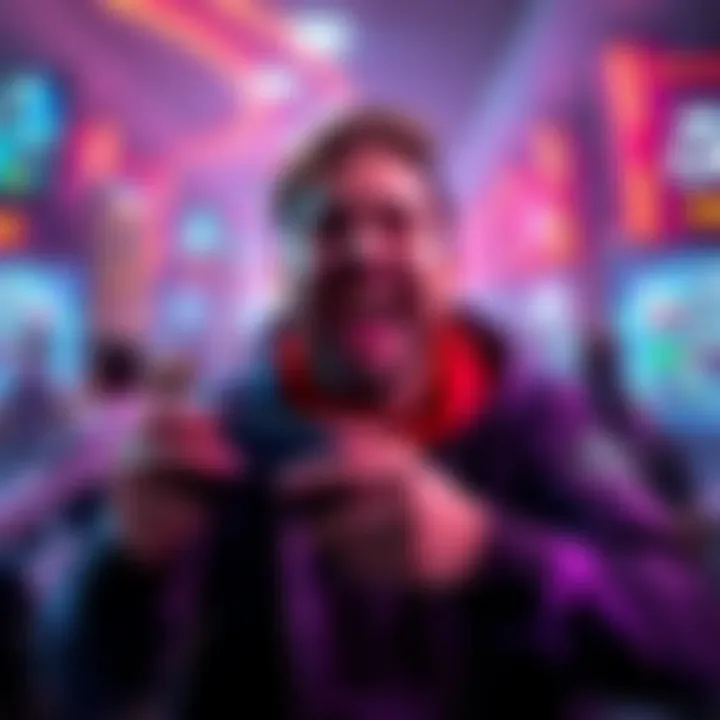 Valk shows excitement for ranked gaming with a big smile, holding a gaming controller, surrounded by gaming visuals and a crowd in the background.