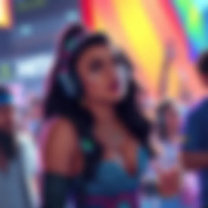 Valkyrae speaking passionately while defending QT at a social event, with a colorful background symbolizing pride and allyship.