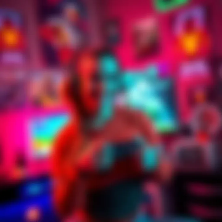 Valkyrae smiling and holding a gaming controller in a vibrant gaming setup, surrounded by colorful lights and gaming posters, showcasing her excitement about a new partnership