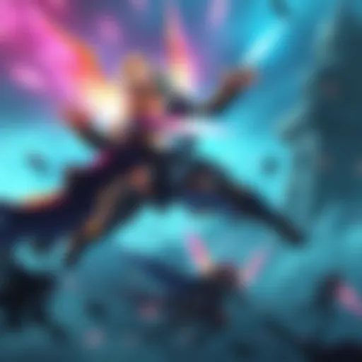 Valkyrie character soaring in the air, showcasing enhanced abilities with vibrant energy effects, ready for battle in a gaming scene.