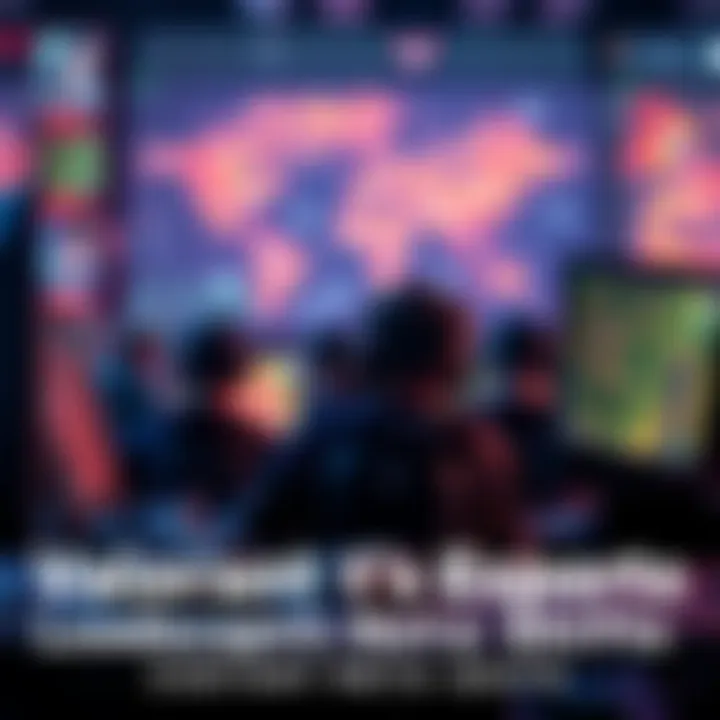 A Valorant esports team strategizing during a match, with players focused on their screens and maps displayed in the background.