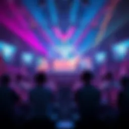 A lively Valorant tournament scene with players competing fiercely on stage, showing excitement and various team logos, reflecting the dynamic nature of esports.
