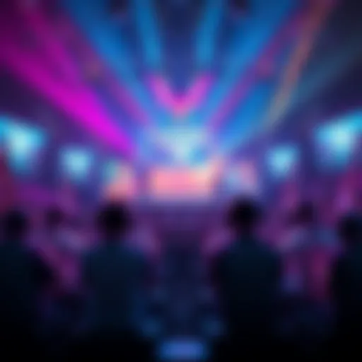 A lively Valorant tournament scene with players competing fiercely on stage, showing excitement and various team logos, reflecting the dynamic nature of esports.