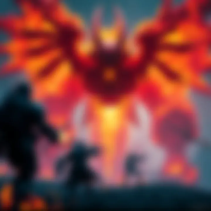 A dramatic depiction of Valstrax with flames in unusual orange hues during a crucial battle, capturing the moment of confusion and intrigue among players.