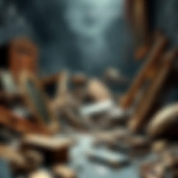 A collection of valuable items, like art and antiques, destroyed and scattered around a chaotic space
