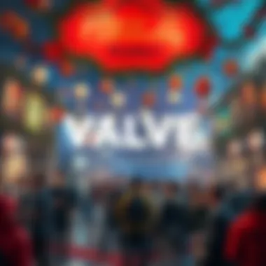A festive scene with people celebrating Valve's 30th anniversary, featuring gaming decorations and iconic game posters, highlighting the influence of Valve in gaming.