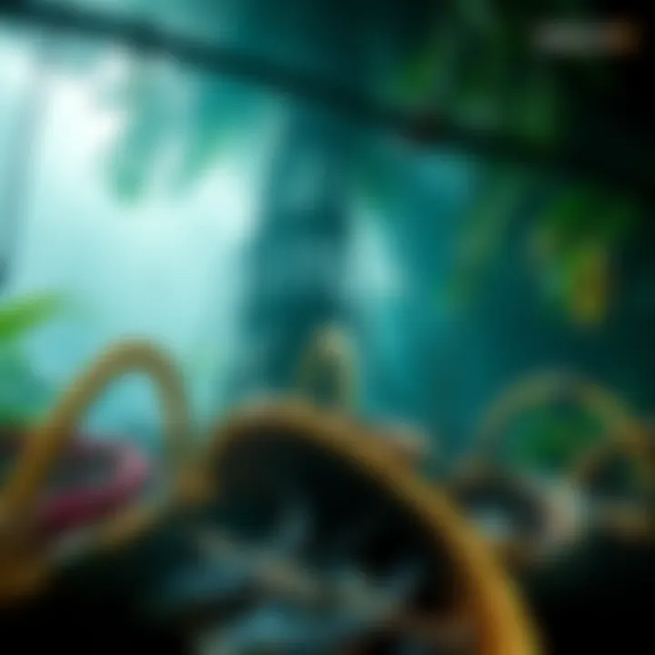 A scene showing fish baskets in a jungle camp with hero abilities highlighted, hinting at an upcoming gaming event.