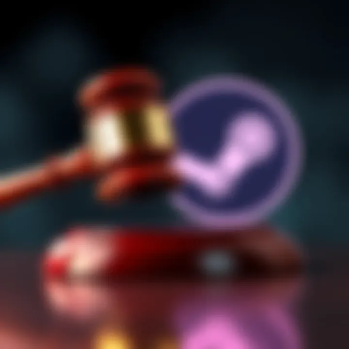 A gavel and Steam logo representing Valve's £656 million lawsuit for unfair pricing in the UK.