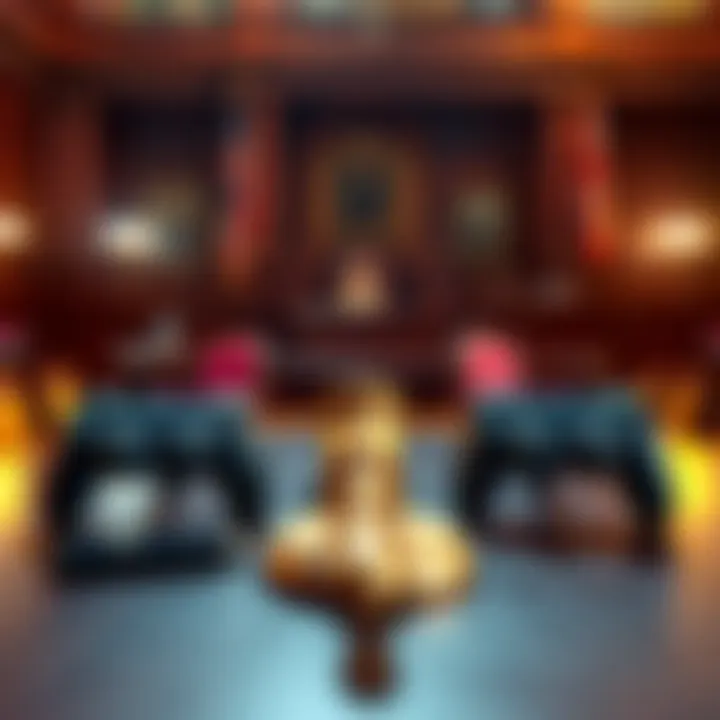 A courtroom setting with a gavel and video game controllers on a table, symbolizing Valve's lawsuit in the UK over pricing tactics
