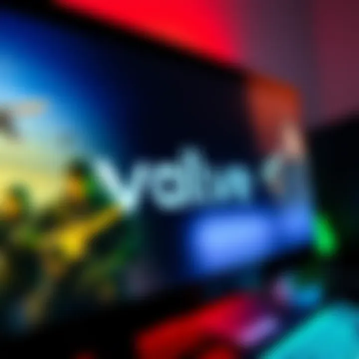 Close-up of the Valve logo displayed on a computer screen with game graphics in the background
